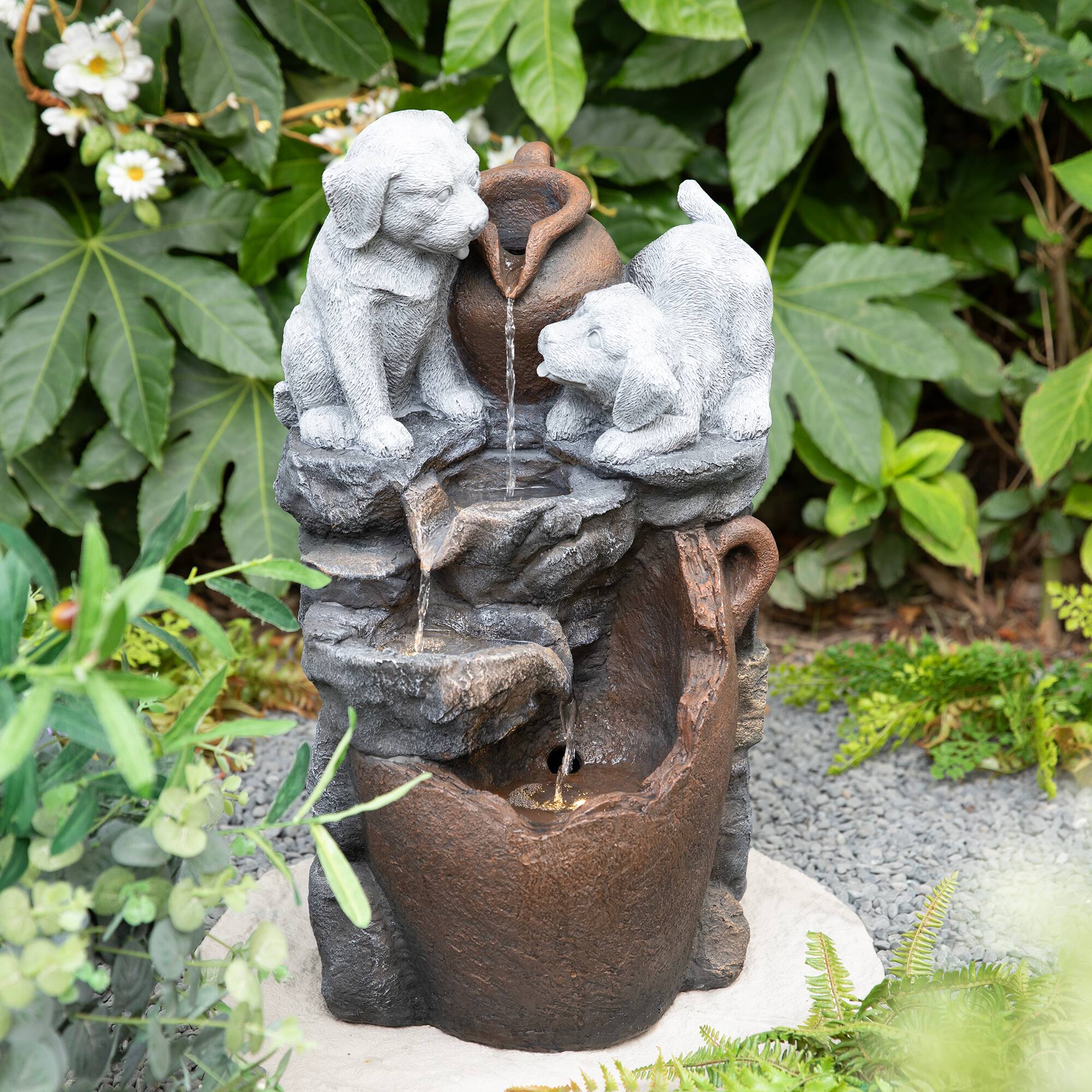 Glitzhome® 23.5" LED 4-Tier Dogs & Pot Outdoor Fountain